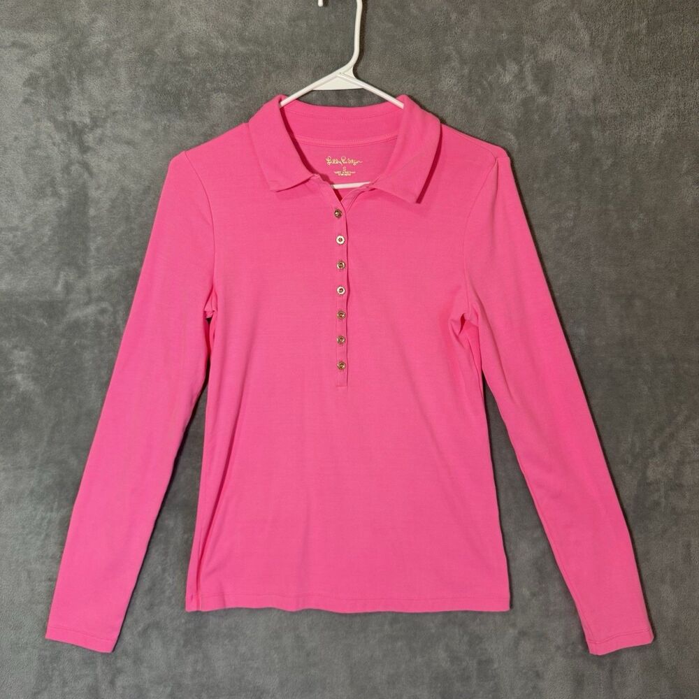 Lilly Pulitzer Shirt Pink S Long Sleeve Gold Button Henley Style Resort Coastal